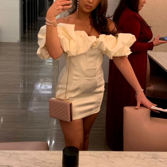 SELENA' IVORY SATIN RUFFLE STRAPLESS DRESS - Picture 2 of 4